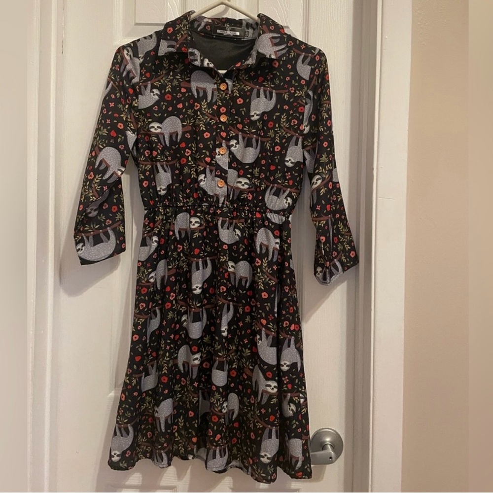 Black Dress with Sloth and Floral Print